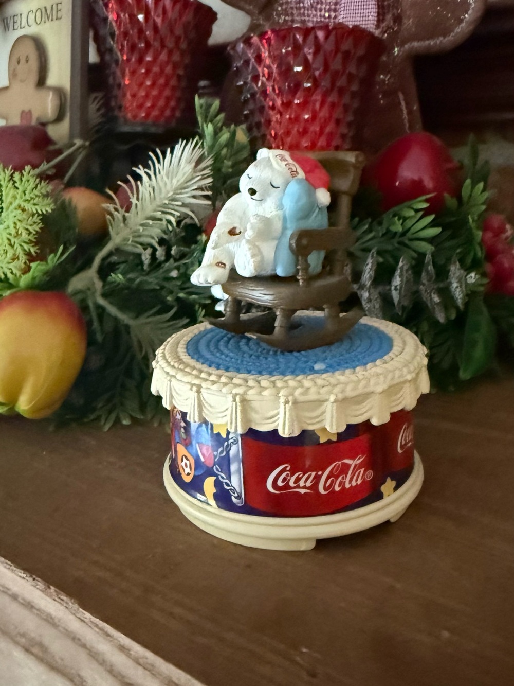 Vintage 1997 Coca Cola Red & Blue Holiday Bear Music Box